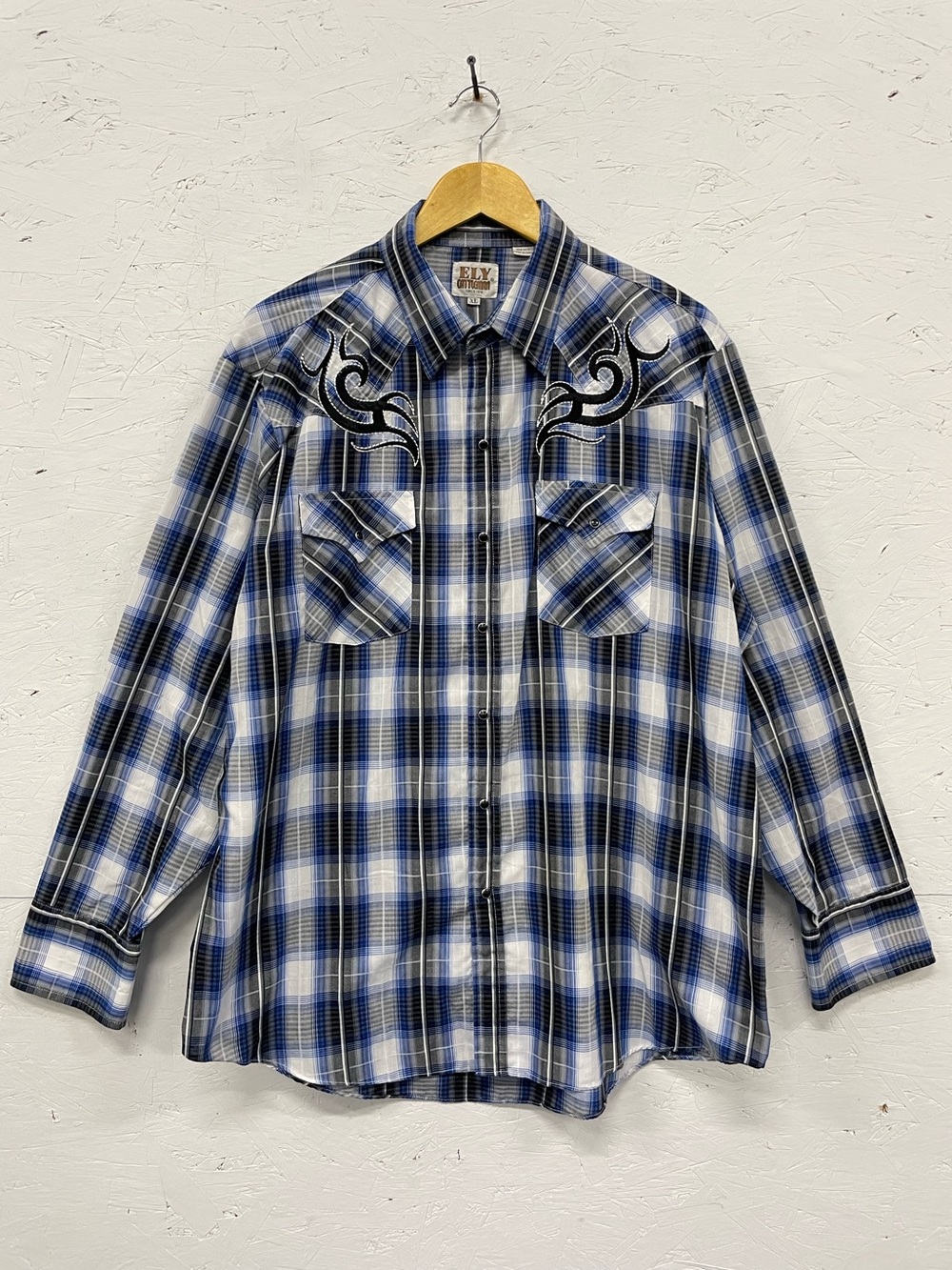 Vintage Ely Cattleman Rockabilly Embroidered Western Plaid Shirt, Size XL, Blue